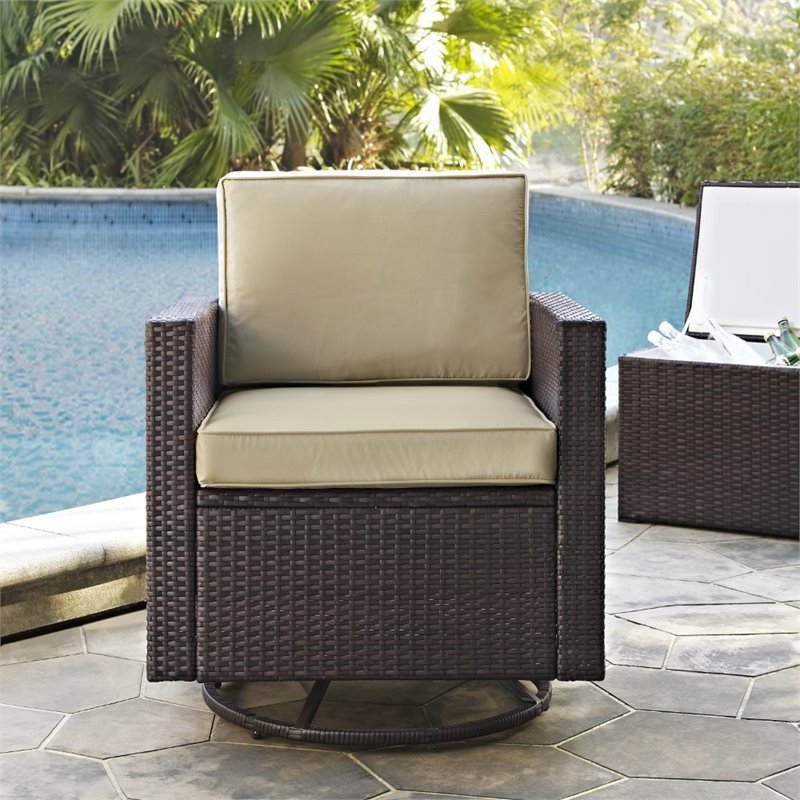 Crosley Furniture Palm Harbor Wicker / Rattan Swivel Patio Arm Chair in Sand