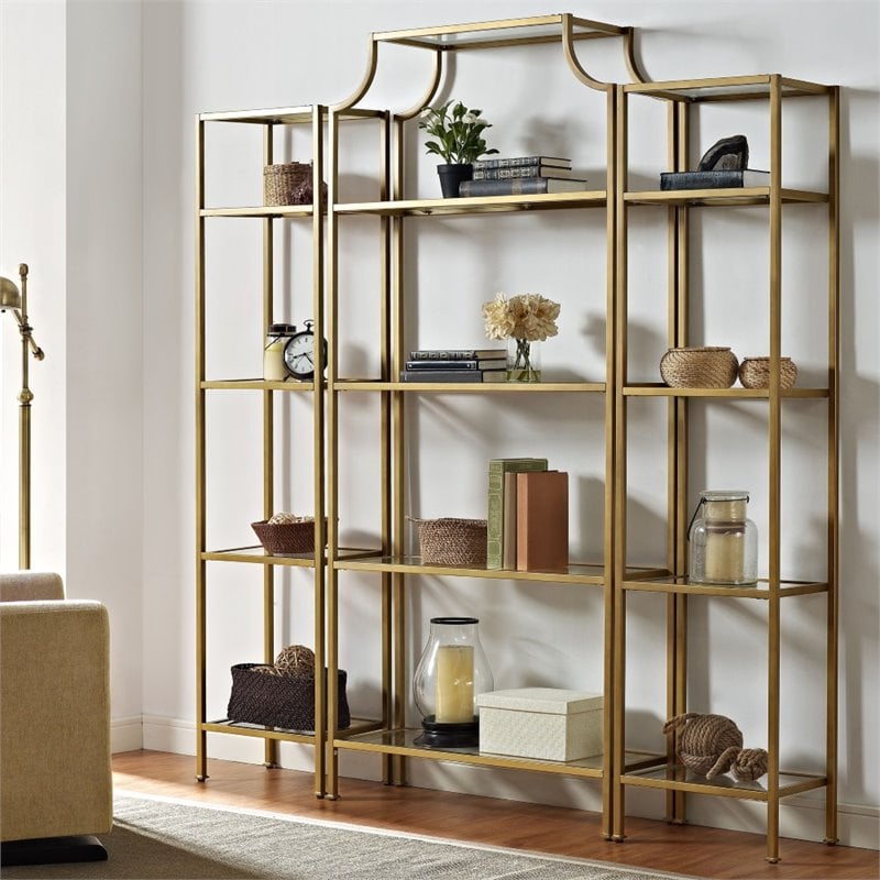 Pair Brass Etagere Bookshelves W/glass Shelves 80 X 30