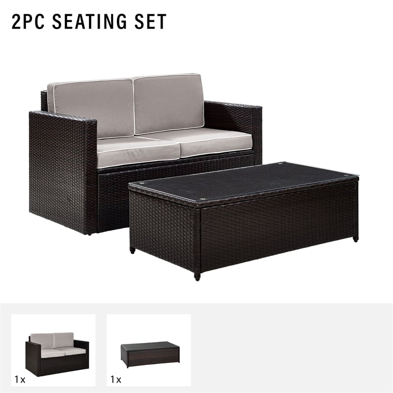 Crosley Palm Harbor 2 Piece Wicker Patio Sofa Set in Brown and Gray