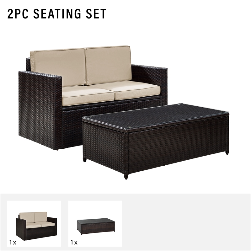 Crosley Palm Harbor 2 Piece Wicker Patio Sofa Set in Brown and Sand