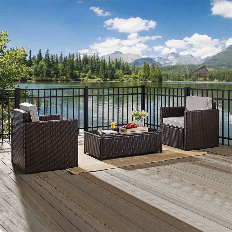 Crosley Palm Harbor 3 Piece Wicker Patio Conversation Set in Brown and ...