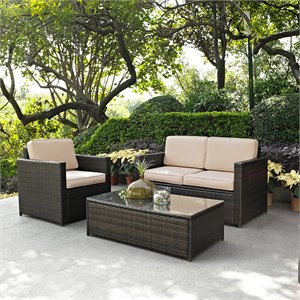 crosley palm harbor 3 piece wicker patio sofa set in brown and sand