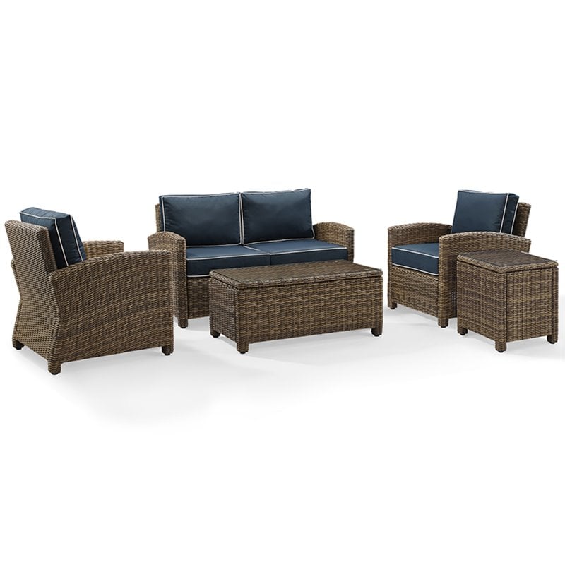 Crosley Furniture Bradenton 5 Piece Metal Patio Sofa Set in Brown/Navy