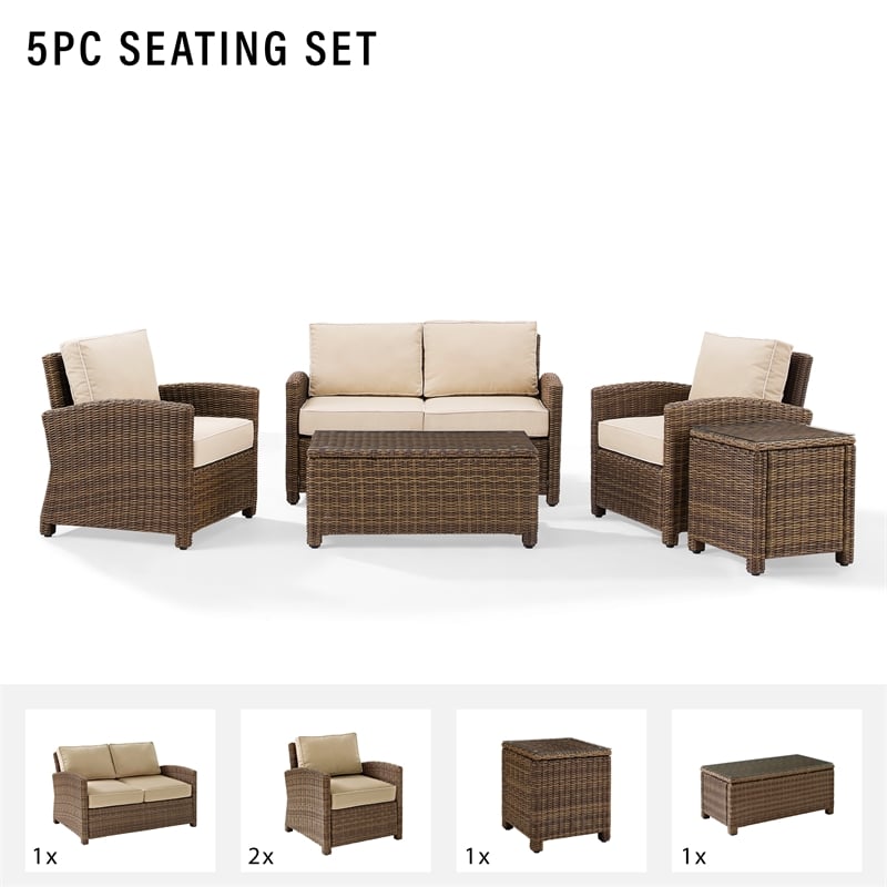 Crosley Bradenton 5 Piece Wicker Patio Sofa Set in Brown and Sand