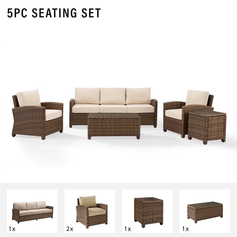 Crosley Furniture Bradenton 5 Piece Metal Patio Sofa Set in Weathered Brown/Sand