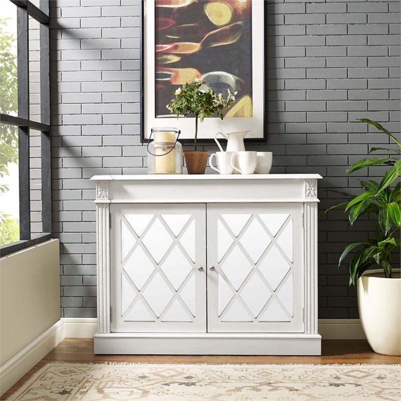 Crosley Rialto Mirrored Door Accent Chest In Distressed White - Cf6117-wh