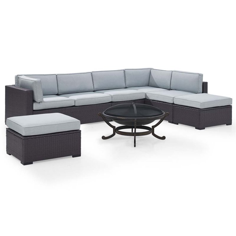 Crosley Biscayne 6 Piece Wicker Patio Fire Pit Sectional Set in Brown
