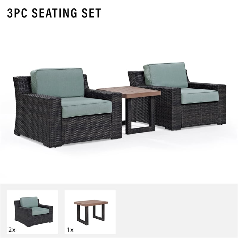 Crosley Beaufort 3 Piece Wicker Patio Conversation Set in Brown and Mist
