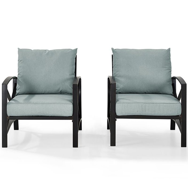 Crosley Furniture Kaplan Metal Patio Fabric Arm Chair in Mist Green (Set of 2)