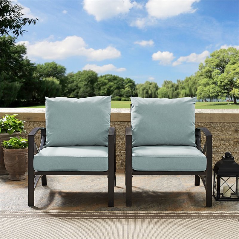 Crosley Furniture Kaplan Metal Patio Fabric Arm Chair in Mist Green (Set of 2)