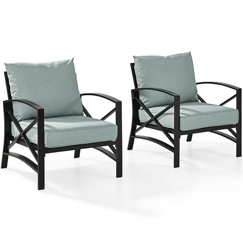 Crosley Furniture Kaplan Metal Patio Fabric Arm Chair in Mist Green (Set of 2)