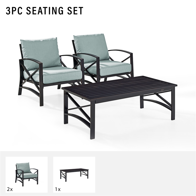 Crosley Furniture Kaplan 3Pc Fabric Conversation Set in Oil Bronze/Mist Green