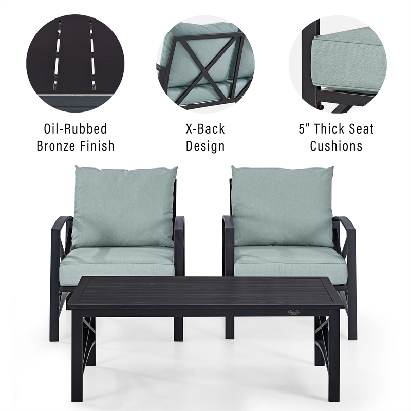 Crosley Furniture Kaplan 3Pc Fabric Conversation Set in Oil Bronze/Mist Green