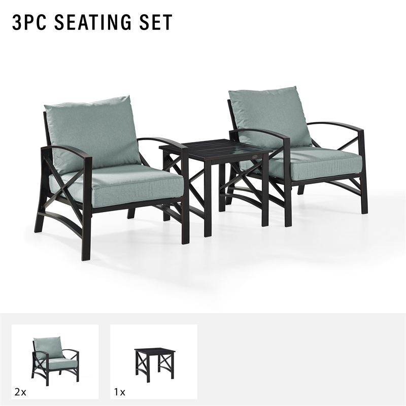 Crosley Furniture Kaplan 3Pc Fabric Conversation Set in Oil Bronze/Mist Green