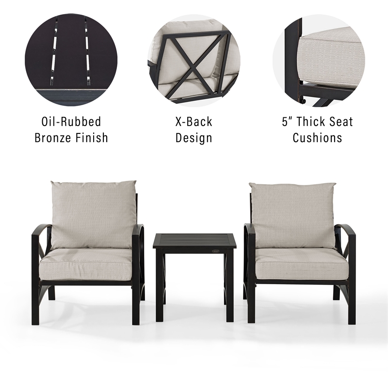 Crosley Furniture Kaplan 3Pc Fabric Conversation Set in Oil Bronze/Oatmeal