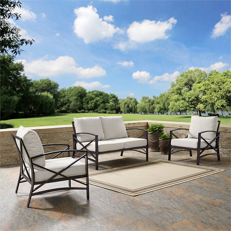 Crosley Furniture Kaplan 3Pc Fabric Sofa Set in Oil Rubbed Bronze and Oatmeal