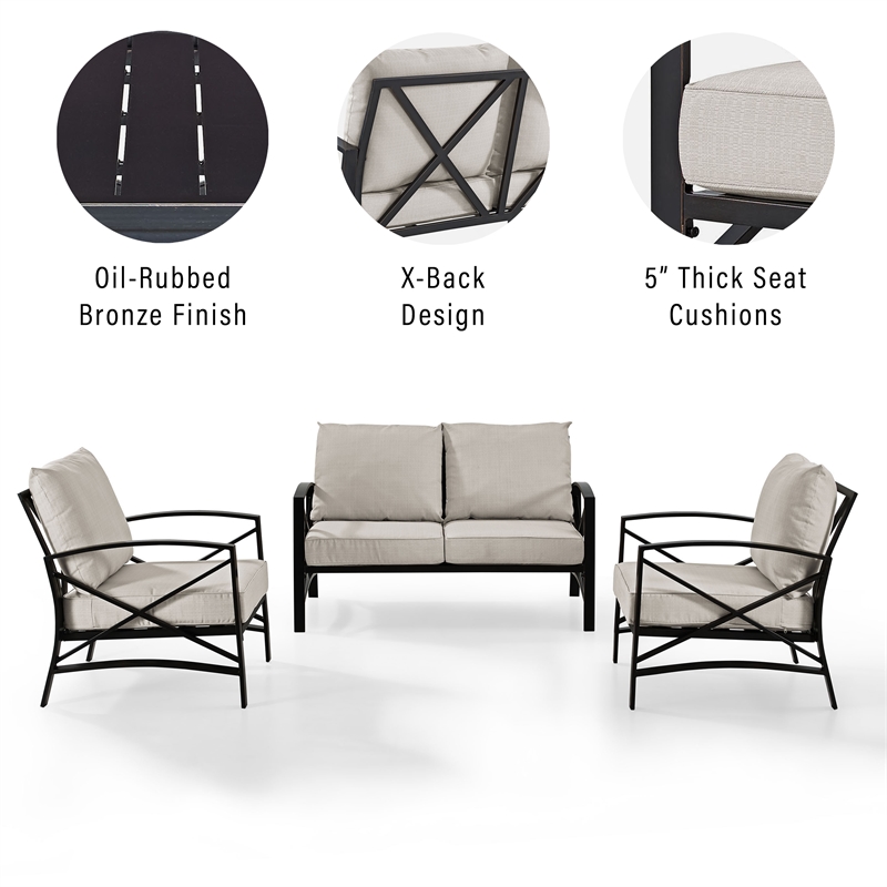 Crosley Furniture Kaplan 3Pc Fabric Sofa Set in Oil Rubbed Bronze and Oatmeal