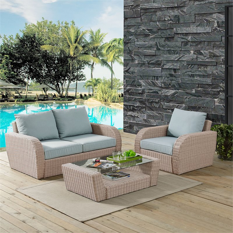 Crosley St Augustine 3 Piece Wicker Patio Sofa Set In Mist And Piece Wicker Patio Sofa Set In Mist