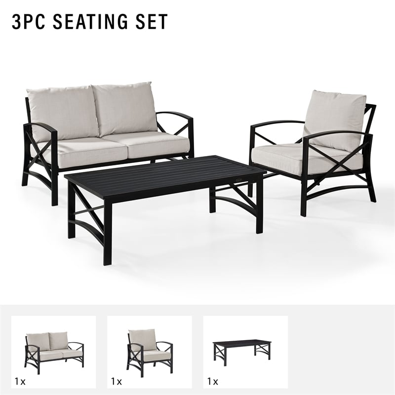 Crosley Furniture Kaplan 3Pc Patio Fabric Sofa Set in Oil Rubbed Bronze/Oatmeal