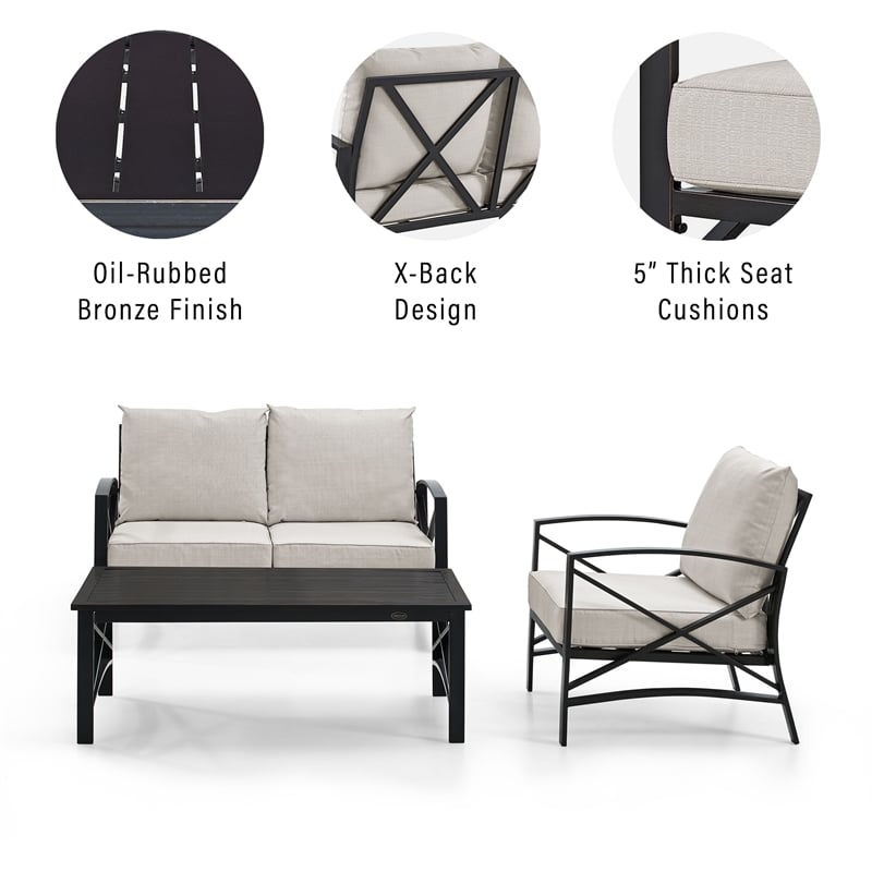 Crosley Furniture Kaplan 3Pc Patio Fabric Sofa Set in Oil Rubbed Bronze/Oatmeal