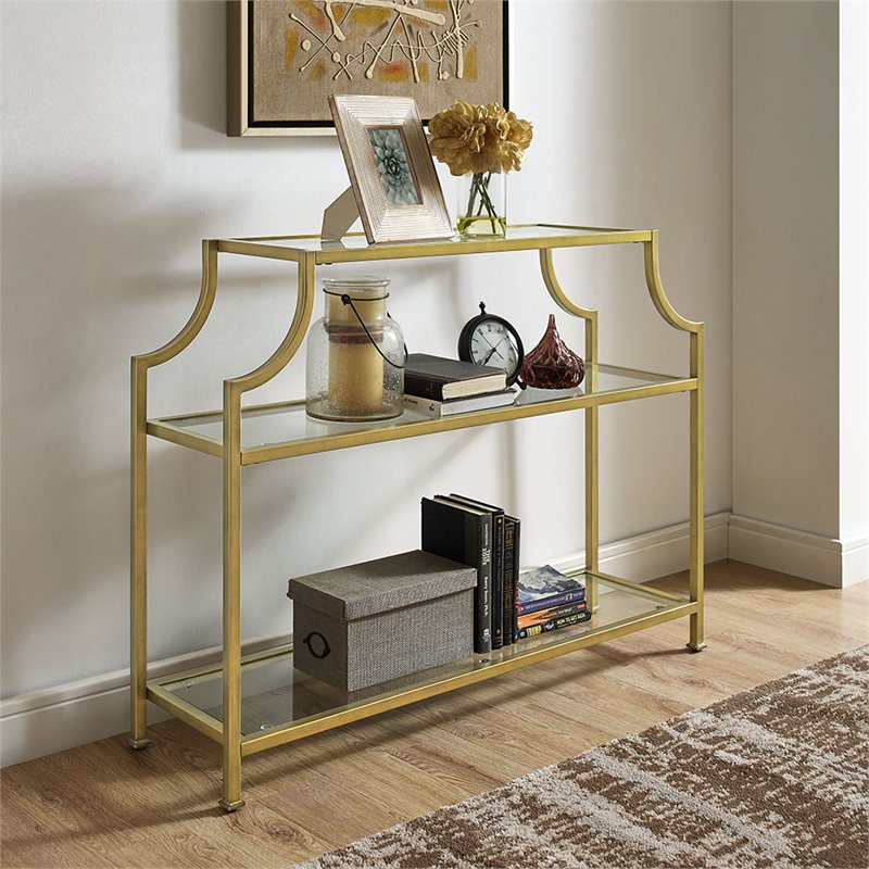 Crosley Furniture Aimee Metal/Tempered Glass Accent Console Table in Gold/Clear