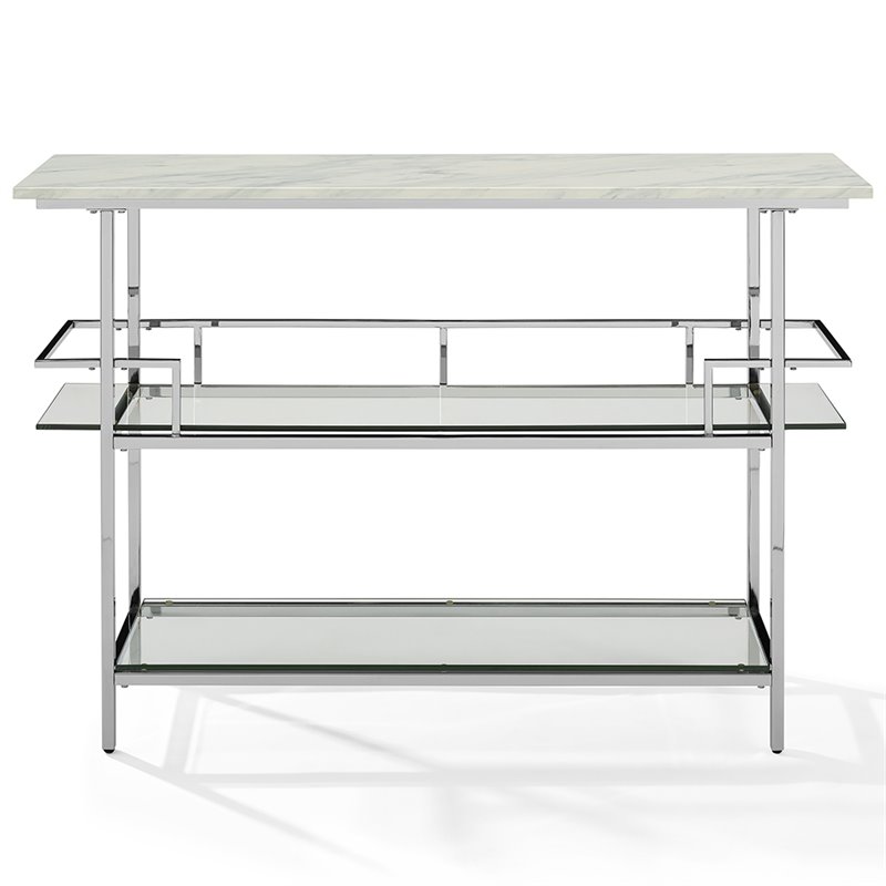 Crosley Aimee Faux Marble Top Home Bar in Chrome and White