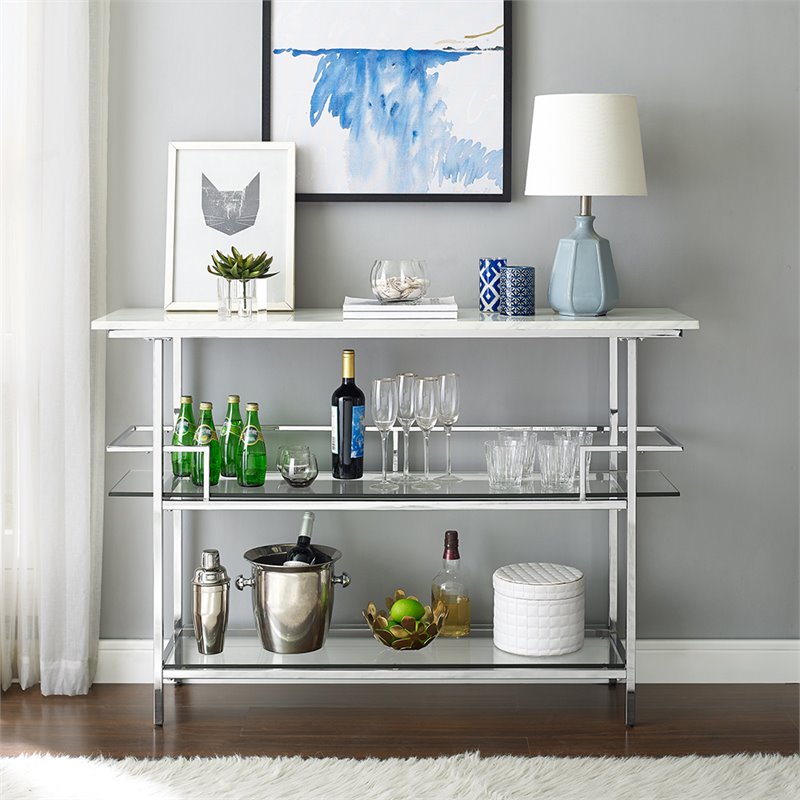 Crosley Aimee Faux Marble Top Home Bar in Chrome and White