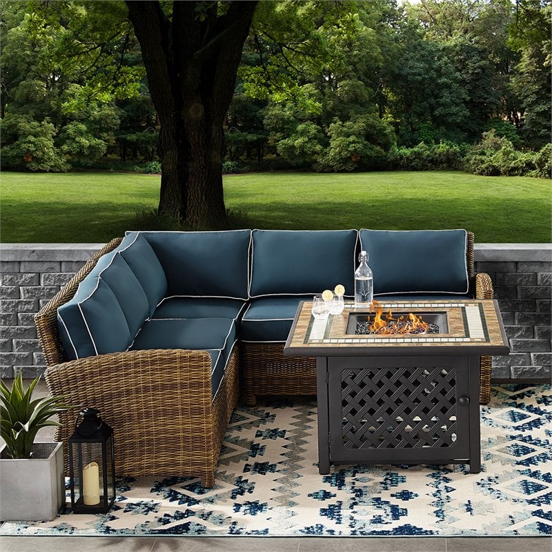 Crosley Furniture Bradenton 4Pc Fabric Fire Pit Sectional Set in Brown/Navy