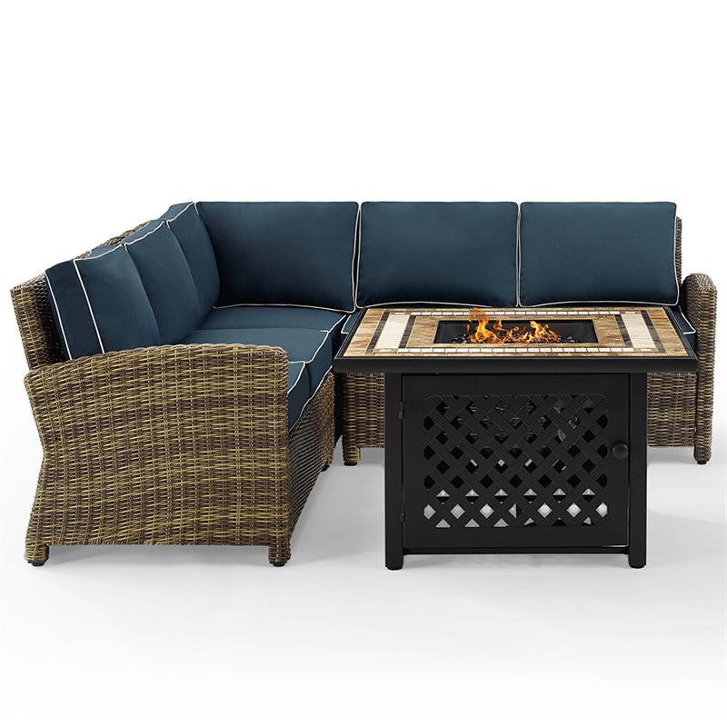Crosley Furniture Bradenton 4Pc Fabric Fire Pit Sectional Set in Brown/Navy
