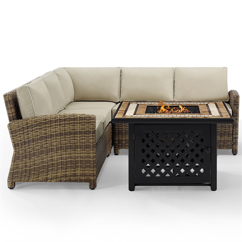 Crosley Furniture Bradenton 4Pc Fabric Fire Pit Sectional Set in Brown/Sand