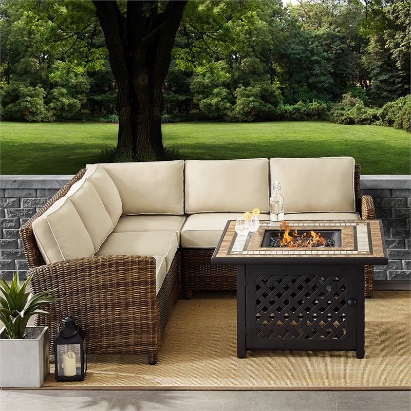 Crosley Furniture Bradenton 4Pc Fabric Fire Pit Sectional Set in Brown/Sand