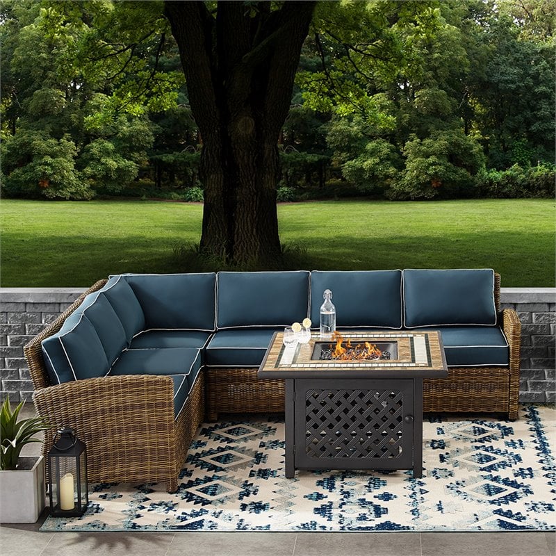Crosley Furniture Bradenton 5Pc Fabric Fire Pit Sectional Set in Brown/Navy