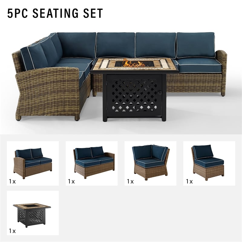 Crosley Furniture Bradenton 5Pc Fabric Fire Pit Sectional Set in Brown/Navy