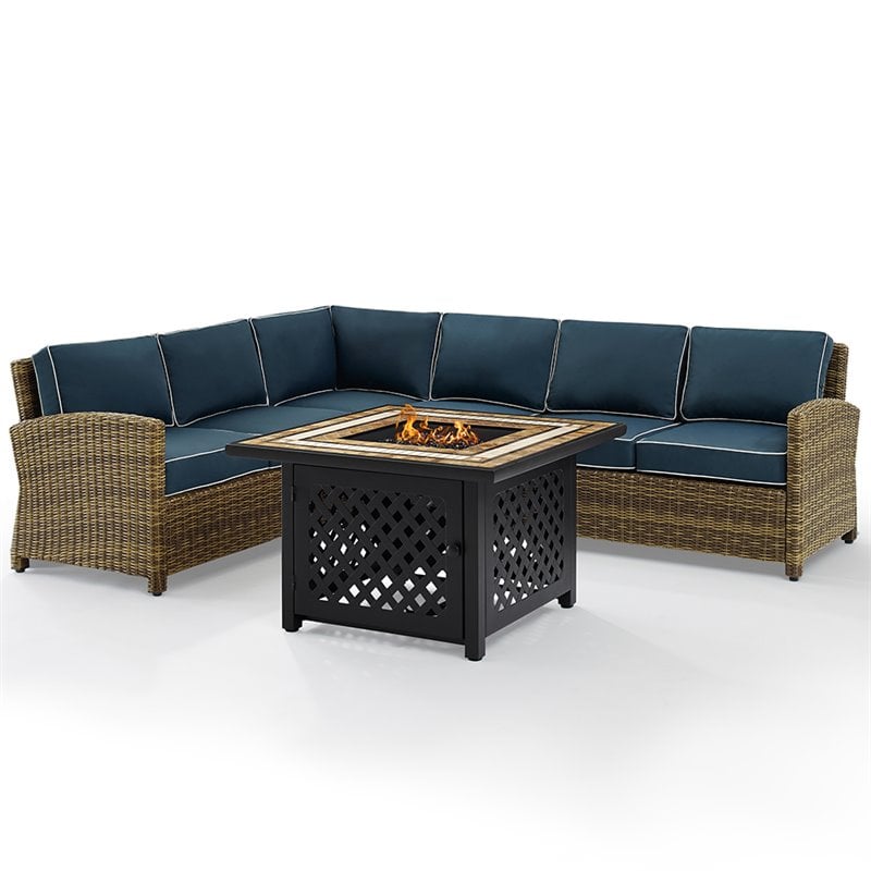 Crosley Furniture Bradenton 5Pc Fabric Fire Pit Sectional Set in Brown/Navy