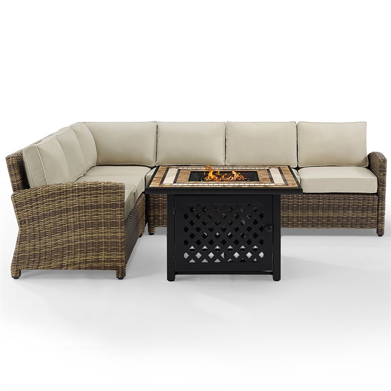 Crosley Furniture Bradenton 5 Pc Fabric Fire Pit Sectional Set in Brown/Sand
