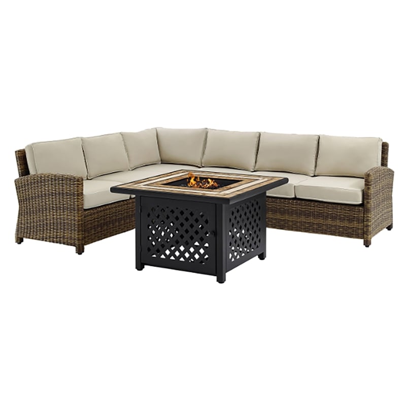 Crosley Furniture Bradenton 5 Pc Fabric Fire Pit Sectional Set in Brown/Sand