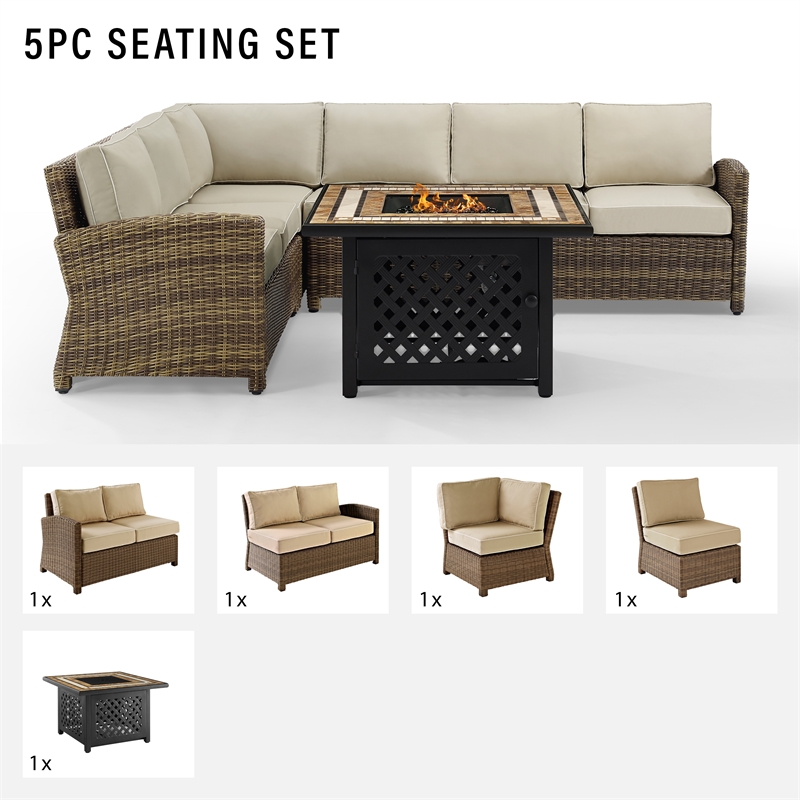 Crosley Furniture Bradenton 5 Pc Fabric Fire Pit Sectional Set in Brown/Sand