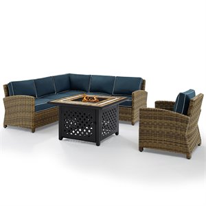 crosley bradenton 5 piece patio fire pit sectional set in brown and navy