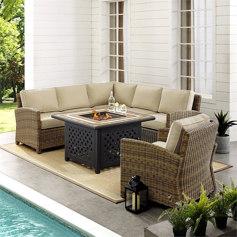 Crosley Furniture Bradenton 5Pc Fabric Fire Pit Sectional Set in Brown/Sand
