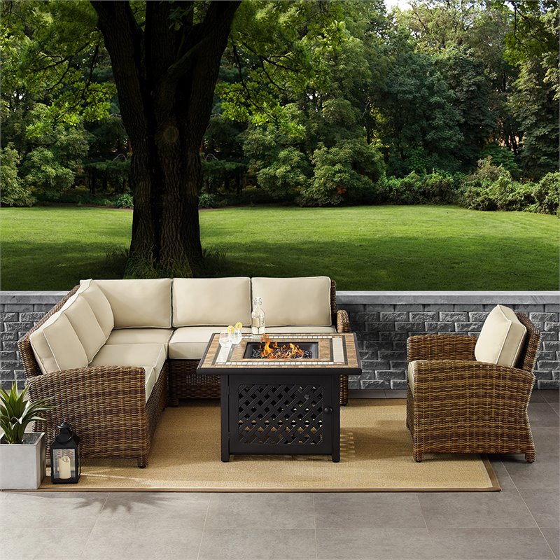 Crosley Furniture Bradenton 5Pc Fabric Fire Pit Sectional Set in Brown/Sand