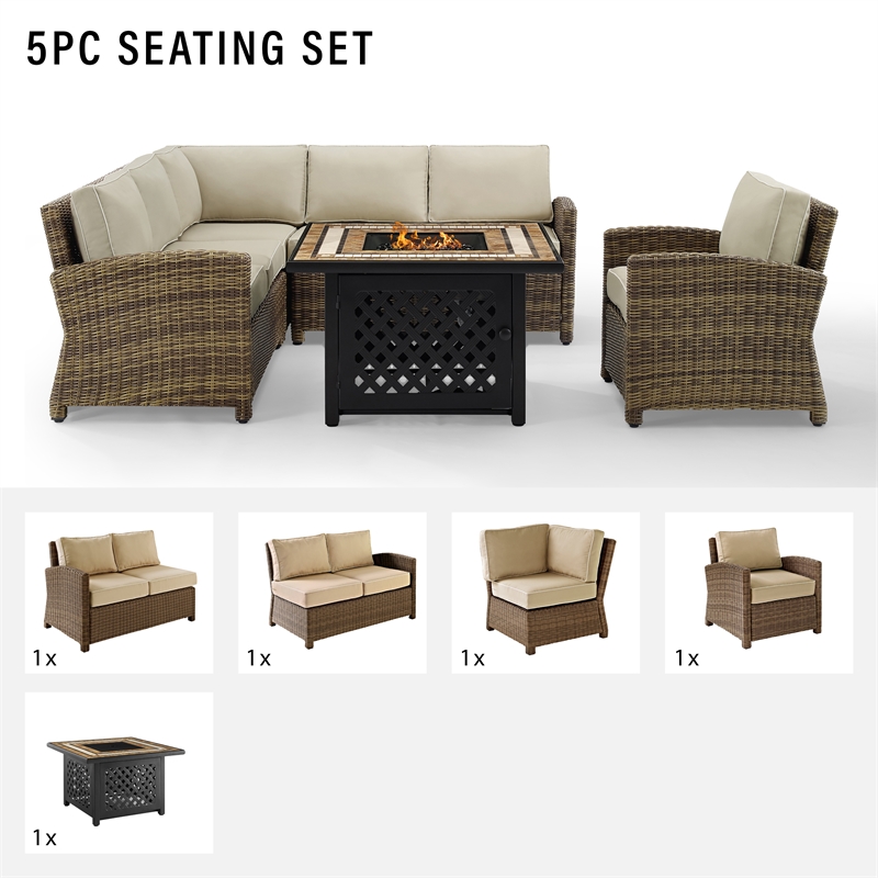 Crosley Furniture Bradenton 5Pc Fabric Fire Pit Sectional Set in Brown/Sand