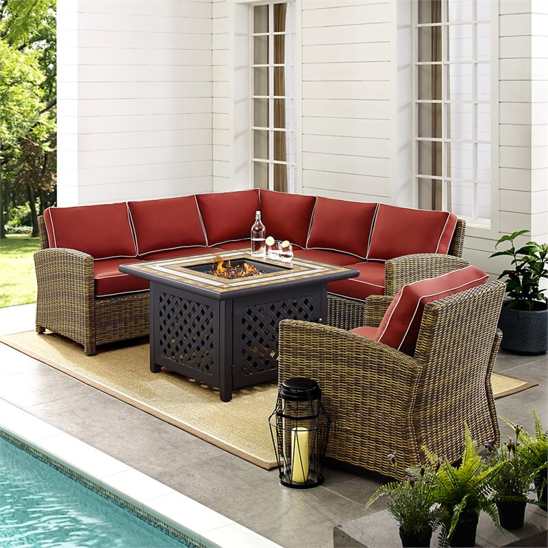 Crosley Furniture Bradenton 5Pc Patio Fabric Fire Pit Sectional Set in Brown/Red