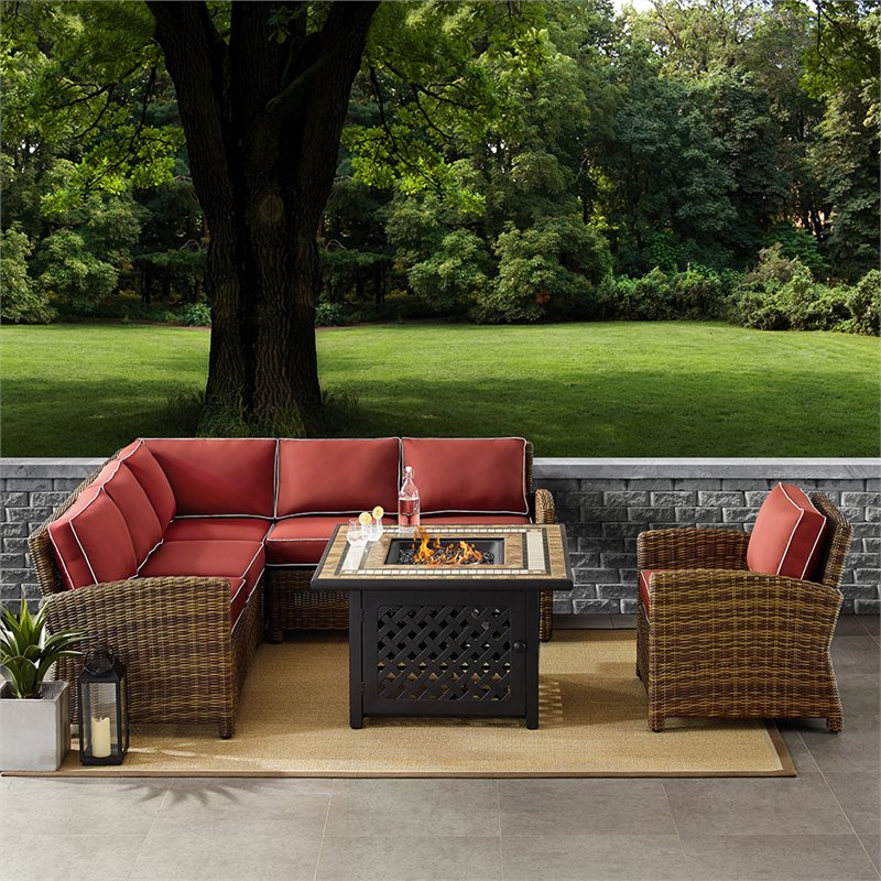 Crosley Furniture Bradenton 5Pc Patio Fabric Fire Pit Sectional Set in Brown/Red