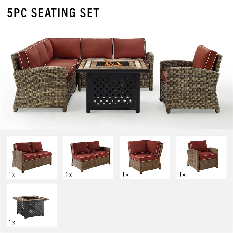 Crosley Furniture Bradenton 5Pc Patio Fabric Fire Pit Sectional Set in Brown/Red