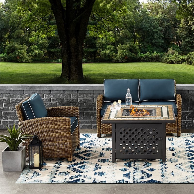 Crosley Furniture Bradenton 3 Piece Metal Patio Fire Pit Sofa Set in Brown/Navy