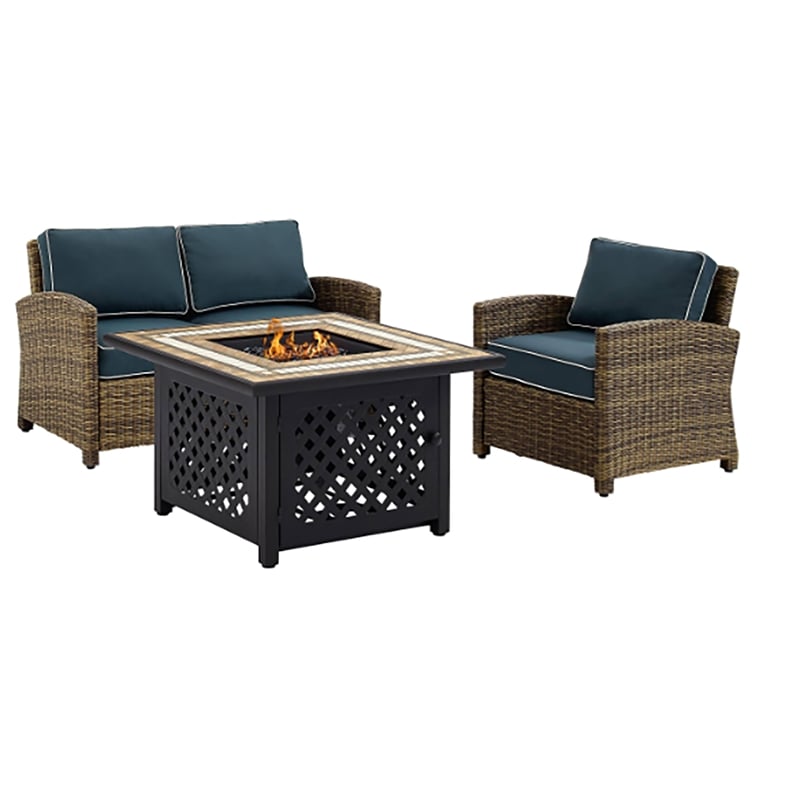 Crosley Furniture Bradenton 3 Piece Metal Patio Fire Pit Sofa Set in Brown/Navy