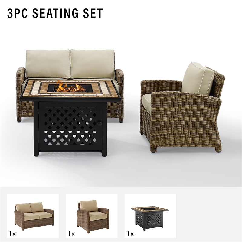 Crosley Furniture Bradenton 3 Piece Metal Patio Fire Pit Sofa Set in Brown/Sand