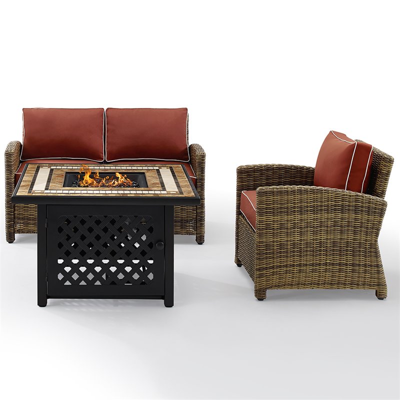 Crosley Furniture Bradenton 3Pc Patio Fabric Fire Pit Sofa Set in Brown/Red