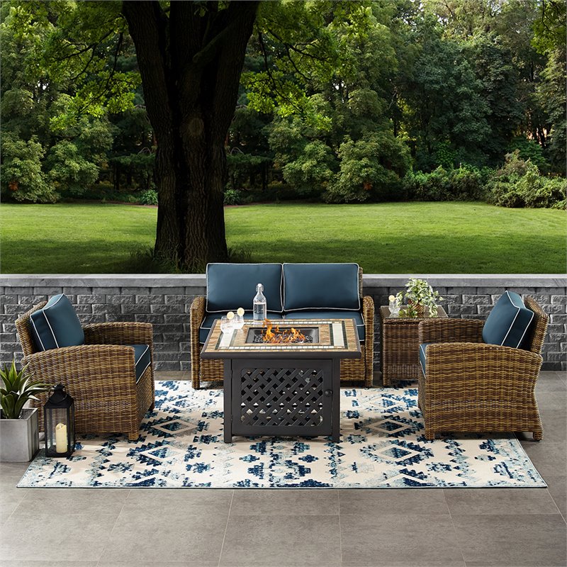 Crosley Furniture Bradenton 5 Piece Patio Fabric Fire Pit Sofa Set in Brown/Navy