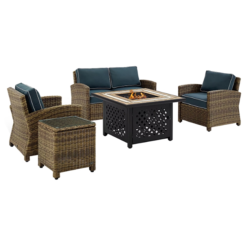 Crosley Furniture Bradenton 5 Piece Patio Fabric Fire Pit Sofa Set in Brown/Navy